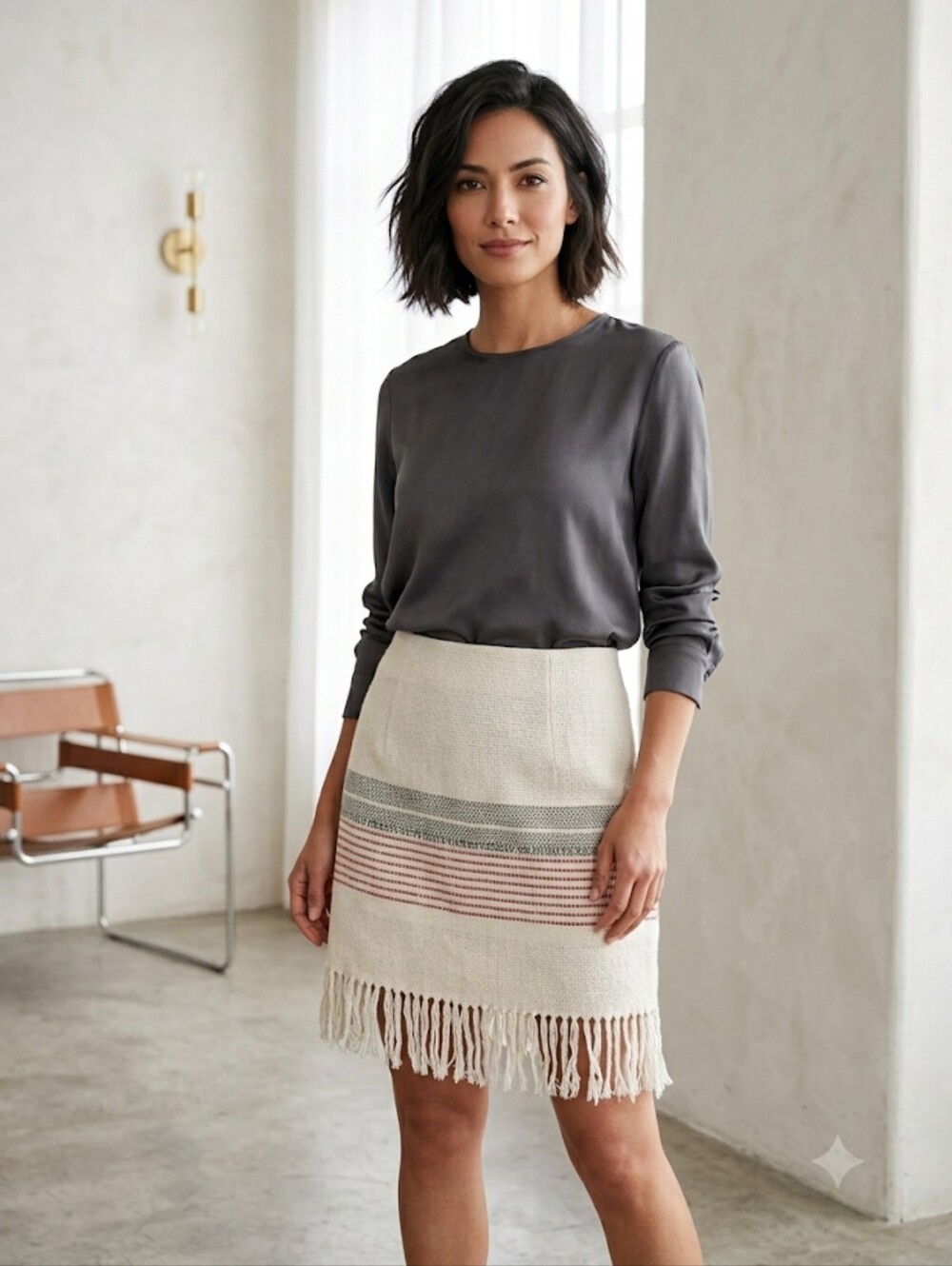 Fifteen Twenty Ivory Woven Red Black Sliver Cotton Blend Fringe Trim Lined Skirt